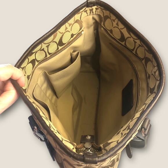 Authentic Coach Jacquard Monogram Tote Purse Brown Tan with Leather Trim - Picture 10 of 15